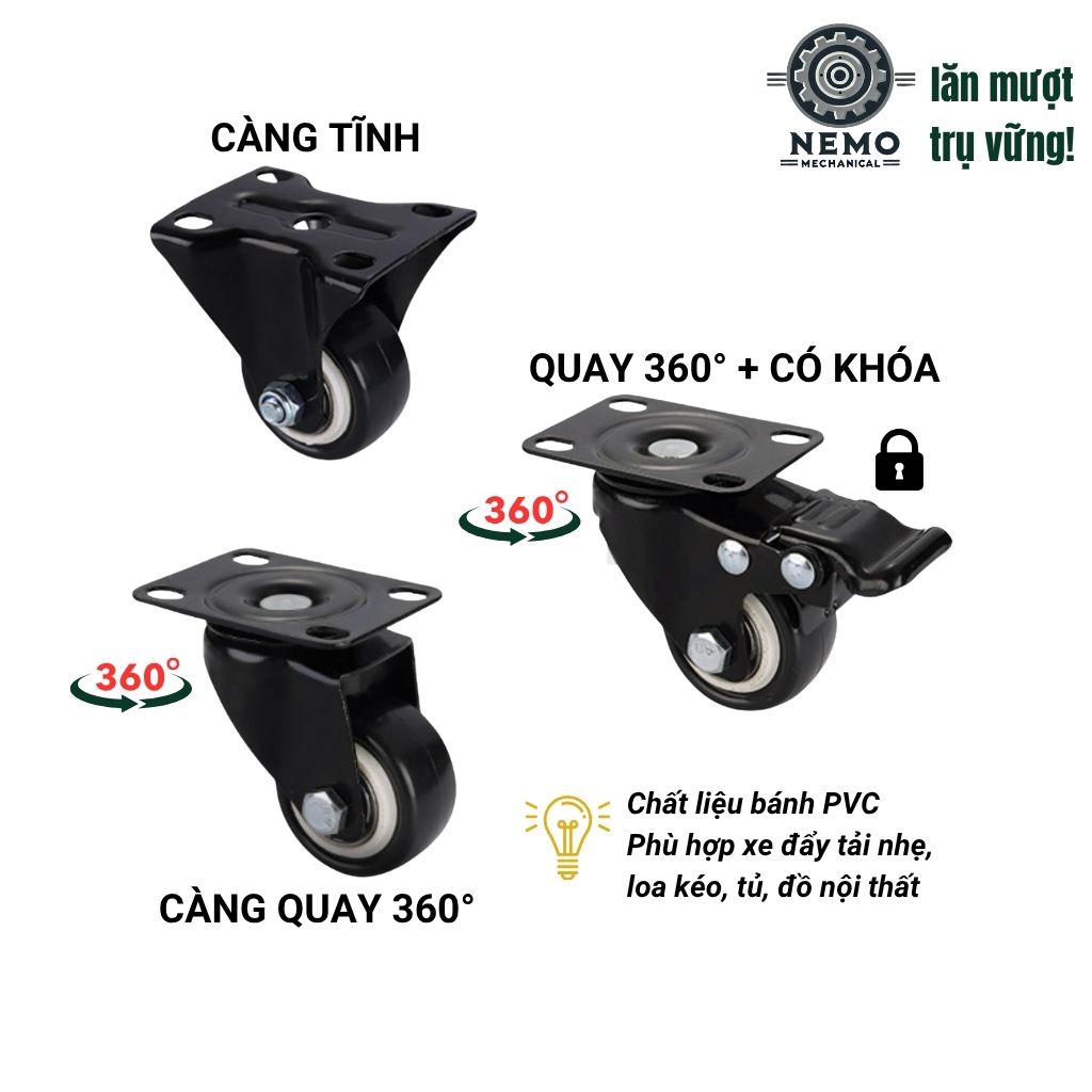 Bánh xe đẩy hàng đen trắng, mặt bích, có bạc đạn, đk bánh 4cm và 5cm, tải trọng 40-50kg/1bánh